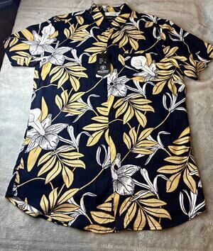 Molokai Surf Co. Mens M Navy Blue Floral Hawaiian Button-Up Shirt Pockets